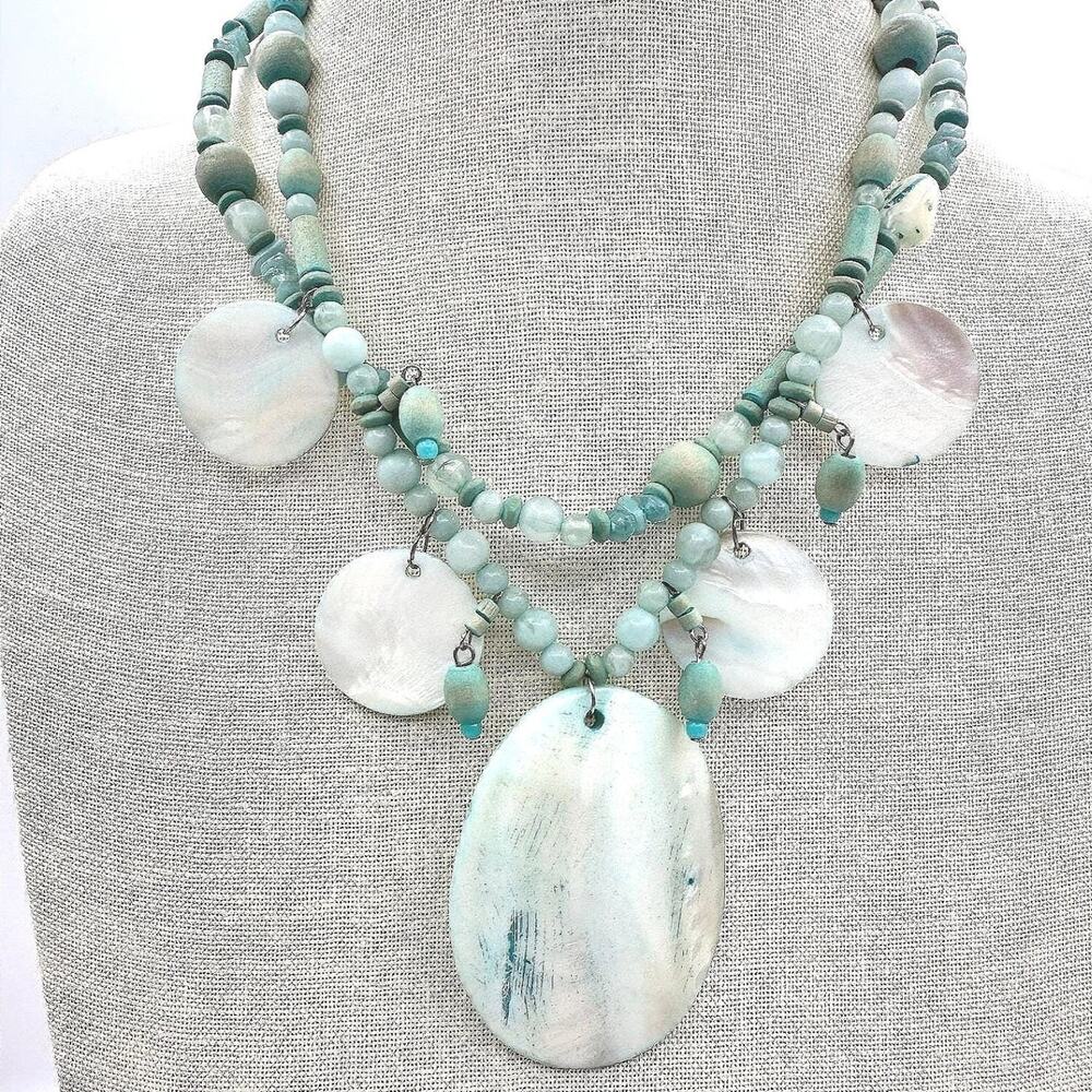 Vintage 90s Boohoo Mother Pearl & Teal Bead Statement Necklace Artisan jewelry